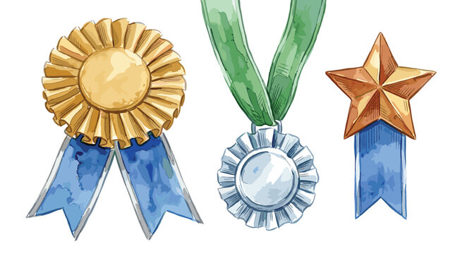 Achievement awards set featuring gold ribbon rosette silver medal with ribbon and bronze star medal illustration.