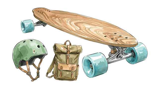 Set of longboard skateboard gear including protective helmet wooden deck and travel backpack for active lifestyle.
