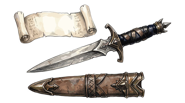 Vintage dagger with scabbard and weathered ancient paper scroll for adventure roleplaying game asset element.