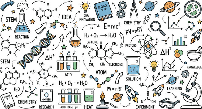 Hand drawn science and STEM doodle collection with chemistry physics biology formulas and laboratory equipment vector illustration