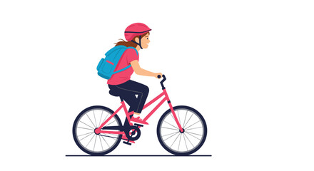 Fototapeta premium Energetic young girl wearing a safety helmet and backpack rides her pink bicycle along a path in a clean flat vector illustration style.