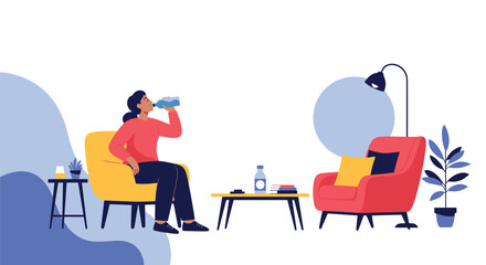 Fototapeta premium Comfortable living room scene shows a woman relaxing in an armchair while drinking water from a bottle to stay hydrated during the day.