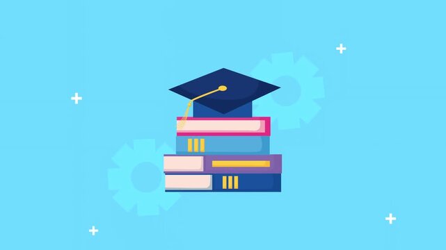 Animated pile of books with graduation cap on blue background, symbolizing education and achievement.