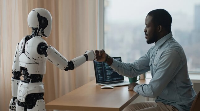 Robot and man fistbump in a modern office for future ai technology collaboration