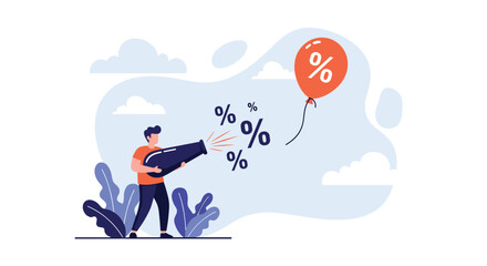 Fototapeta premium Man shoots large percent symbols from a cannon toward a red balloon, representing the impact of interest rates on inflation and the economy.