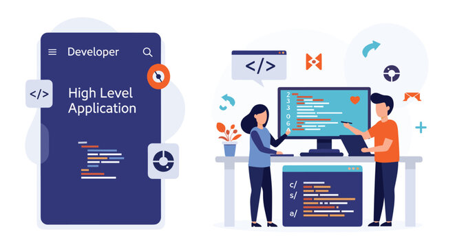 Software developers collaborate on creating a high level application for mobile and desktop devices using modern coding tools and interfaces.