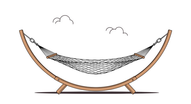 Comfortable net hammock hangs from a sturdy wooden stand outdoors under a clear sky with a few fluffy white clouds in a peaceful setting.