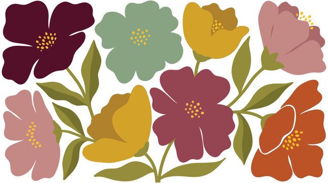 A vibrant arrangement of flat design vector flowers and leaves in diverse warm and earthy colors, perfect for decorative digital projects and patterns
