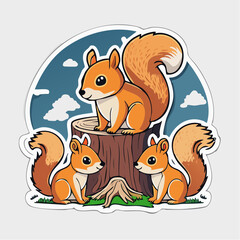 Fototapeta premium Cute Cartoon Squirrels on a Tree Stump