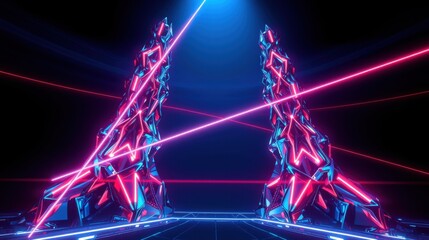 Obraz premium Neon towers frame dark roadway. Vibrant blue, red lines create futuristic tunnel effect. Minimalist design, striking visual impact.