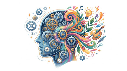 Human head profile filled with gears and colorful abstract elements representing creativity and thought. © Slamet