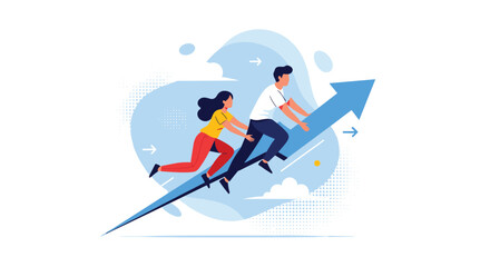 Fototapeta premium Two colleagues ride together on a large blue upward pointing arrow, symbolizing team success and accelerated business growth initiatives.