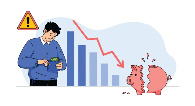 Worried man looks at his empty wallet next to a broken piggy bank and a declining bar chart representing a financial crisis or recession.