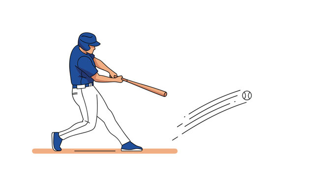 Baseball player in blue uniform swinging a wooden bat to hit a fast ball, capturing a dynamic sports moment on a simple white background.
