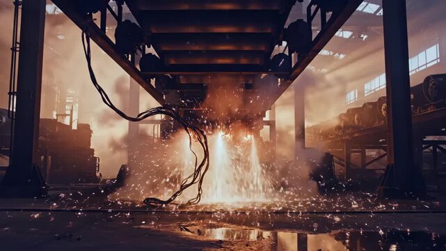 Hot sparks cascade downward rapidly. Gantry cables whip as molten metal spills into basin. Bright showers of molten metal and sparks erupt from spout quickly filling foundry atmosphere