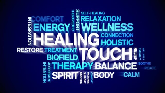 Healing Touch animated word cloud-text design animation tag kinetic typography seamless loop.
