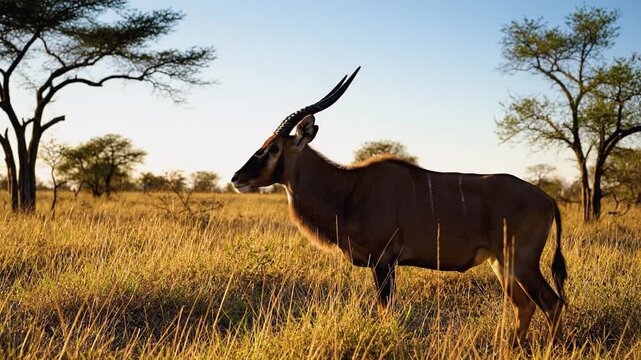 Large common eland antelope stands majestically in the dry golden grass of the African savanna during sunset.
