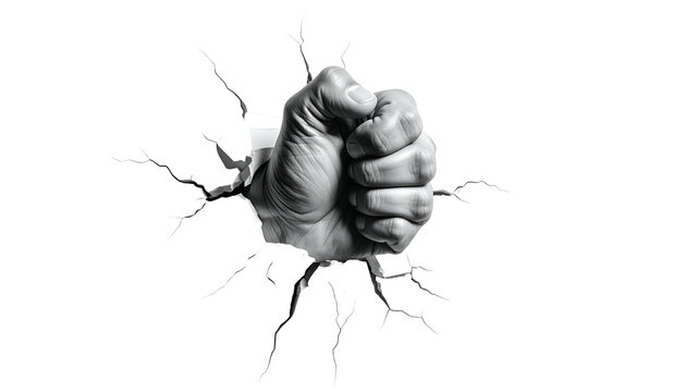 Fist Breaking Through White Wall Cracks Dramatic Black White Isolated