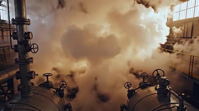 Boiler room sudden steam explosion, twin white steam plumes erupt from valves and piping, walkway railings and gauges shrouded in dense cloud, intense pressure release and safety emergency