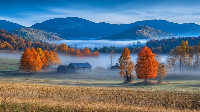 Autumn fog, mountain valley barn, sunrise landscape