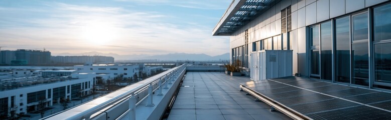 Naklejka premium Modern Office Building Rooftop Terrace Overlooking Cityscape at Sunrise with Clear Sky