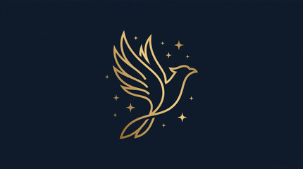 Obraz premium Elegant gold bird vector set with spread wings and surrounding stars, minimalist line art for logo, branding, and decorative design icons