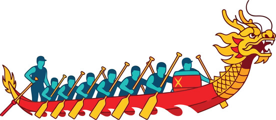 A team of rowers paddling a traditional red Chinese dragon boat for the annual festival competition race event © Bacon