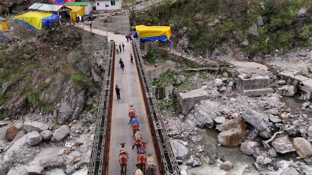 Aerial drone view of Kedarnath trek route in Uttarakhand India