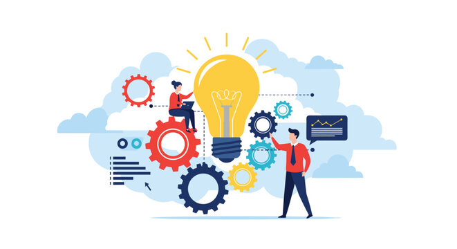 Creative team working with large colorful gears and a giant lightbulb to develop efficient mechanical solutions and innovative business systems.