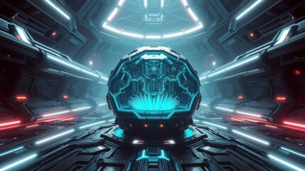 Fototapeta premium Futuristic interior. Complex metallic structure glows with vibrant blue, red lights. Dark, symmetrical design evokes scifi atmosphere.