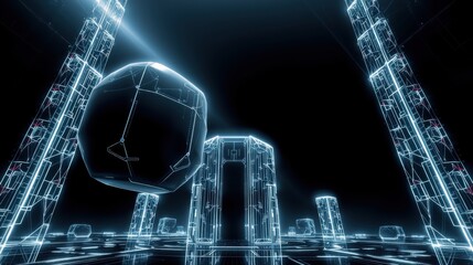 Fototapeta premium Futuristic landscape. Glowing wireframe structures dominate dark space. Geometric shapes create abstract scene. Minimalist design.