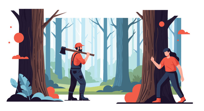 Woodcutter holding axe on his shoulder walking through dense forest with tall trees in flat illustration style.