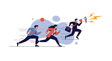 Fototapeta premium Dynamic team leader uses a megaphone to motivate and guide his colleagues while they run together towards a common goal.