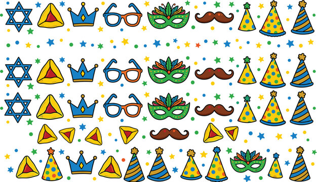 Colorful Festive Party Icons Seamless Pattern with Carnival Masks Hats Crowns Glasses Mustaches and Celebration Symbols