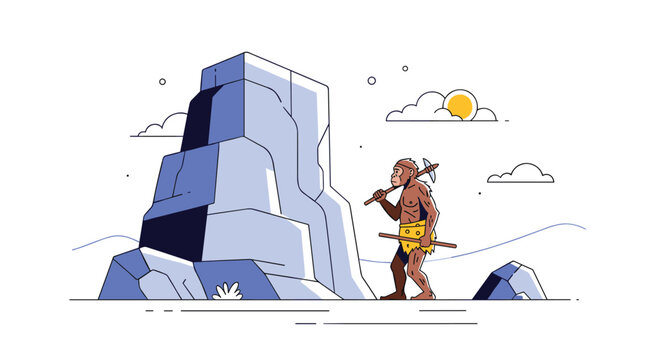 Primitive caveman carrying stone tools and walking near large rock formation in prehistoric landscape setting.