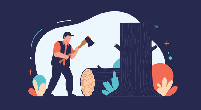 Professional lumberjack swinging axe to chop wood next to large tree stumps in artistic flat illustration.