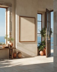 Naklejka premium Sunlit Mediterranean Interior With Open Door Revealing Ocean View and Empty Frame