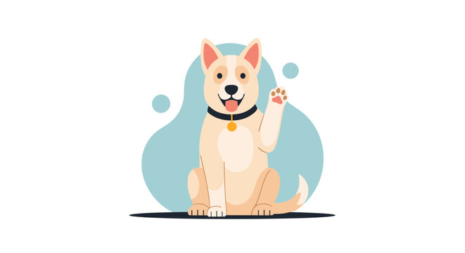 Friendly cartoon dog sitting and waving its paw with a happy expression on blue abstract background.