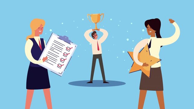 Business people celebrating success with gold trophy and checklist in flat animation style.