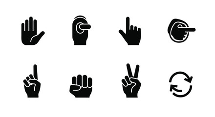 Fototapeta premium Black hand gesture icons set, minimalist human palm and finger symbols, solid vector silhouette of 8 touch screen and communication signs