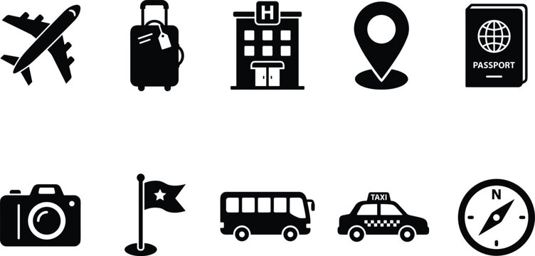 Travel and tourism icon set featuring black silhouettes of airplane luggage hotel pin pointer passport camera and transport symbols