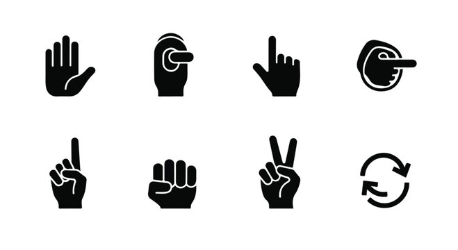 Black hand gesture icons set, minimalist human palm and finger symbols, solid vector silhouette of 8 touch screen and communication signs