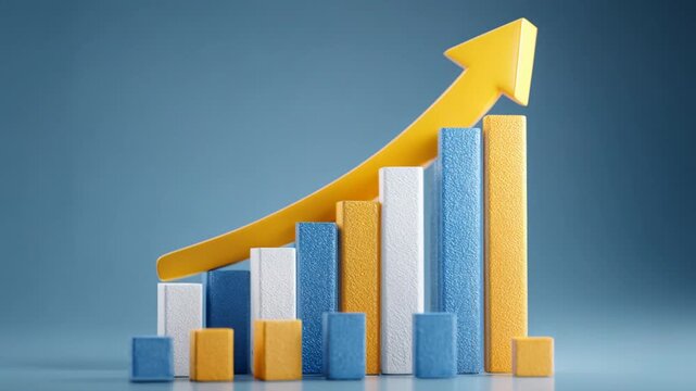 Rising yellow arrow over a bar graph, representing financial success, investment, and growth
