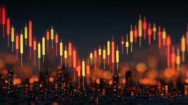 Financial candlestick chart showing a downward trend over a glowing futuristic city skyline at night