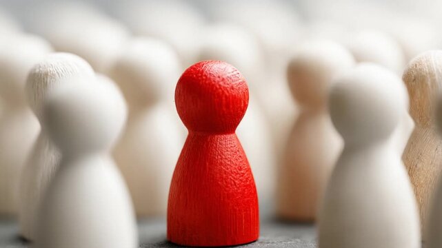 Unique red wooden figure representing leadership, individuality, and being different from the crowd