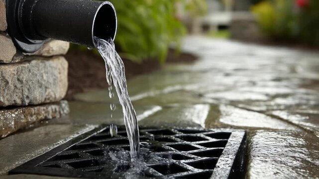 Clear rainwater from a drainpipe flows into a metal storm drain on a stone patio during a downpour