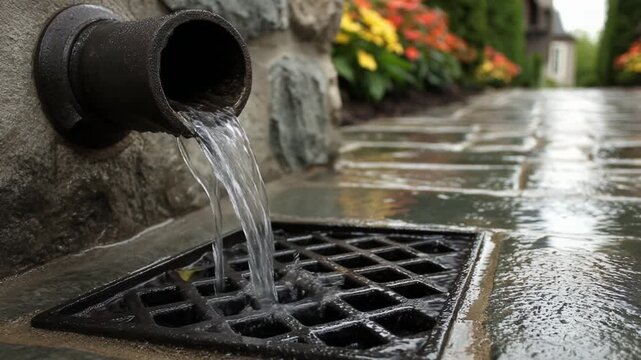Clear water flowing from a metal pipe into a storm drain on a wet stone walkway with flowers