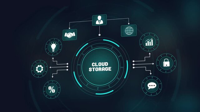 Cloud storage technology and digital data backup concept, secure online server infrastructure, global business networking and remote information access.