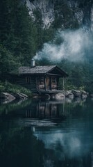 Obraz premium Rustic cabin by a still lake in a misty forest.