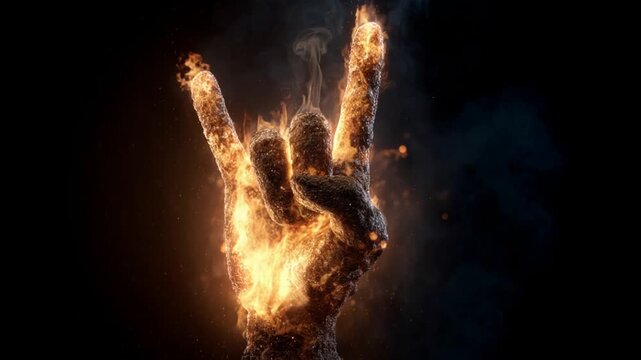 Fiery hand in a rock and roll sign gesture with burning embers and smoke on a black background
